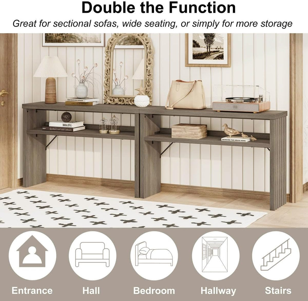BON AUGURE Sofa Console Table, Wood Entryway Table, Grey Behind Couch Tables with Open Storage, Modern Narrow Hallway Tables (Greige Oak, 47 Inches)