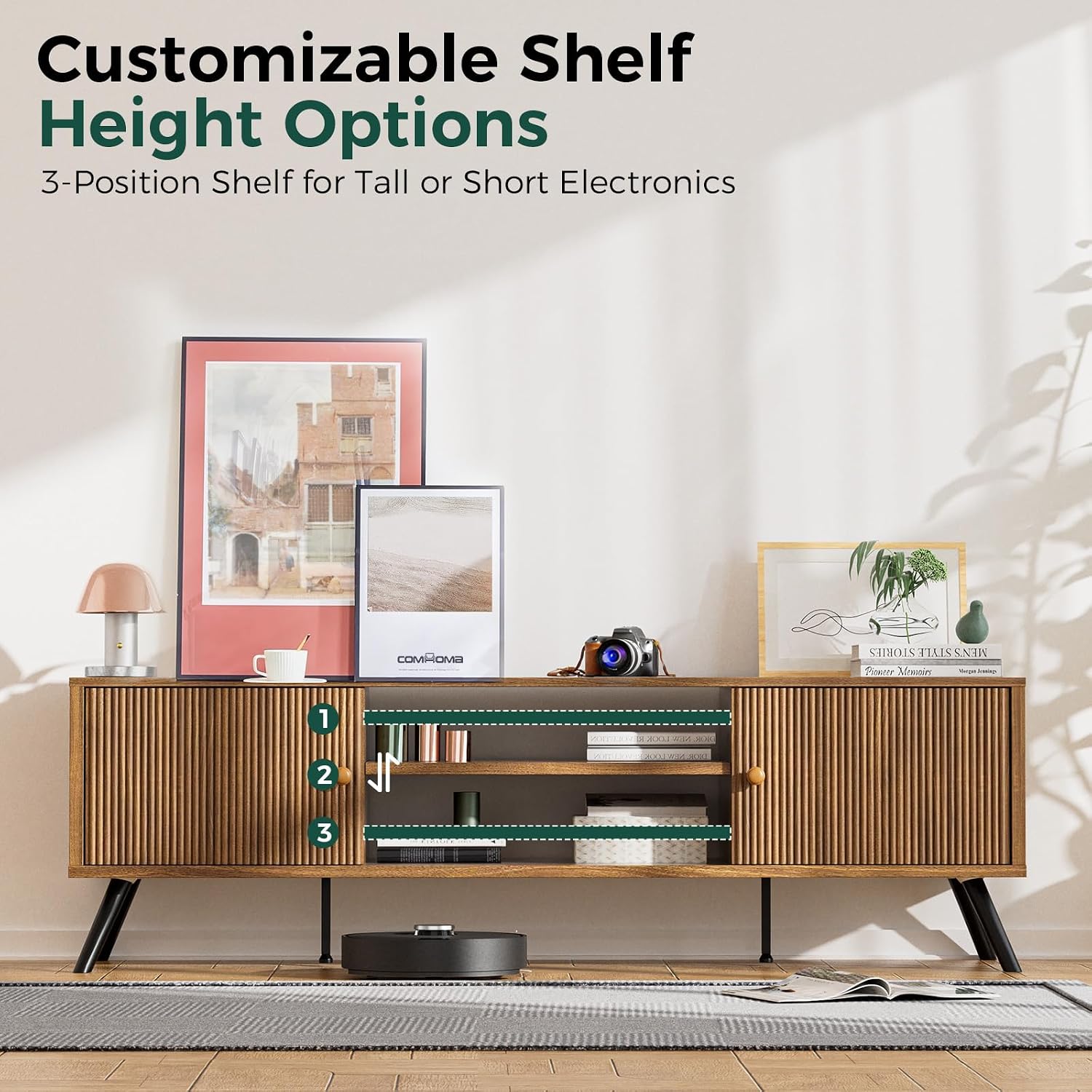 COMHOMA TV Stand for Living Room, Mid Century Modern Entertainment Center for 55/60/65 Inch TVs, Retro Brown TV Console with Fluted Door Cabinets and Open Adjustable Shelve Storage for Bedroom