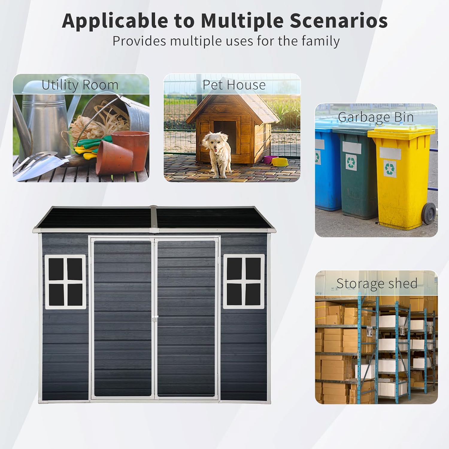 8x4ft Resin Outdoor Storage Shed: Double Doors & Two Windows, Heavy-Duty Plastic Shed with Floor, Waterproof UV-Proof Garden Tool Storage for Backyard, Patio, Yard, Lawn