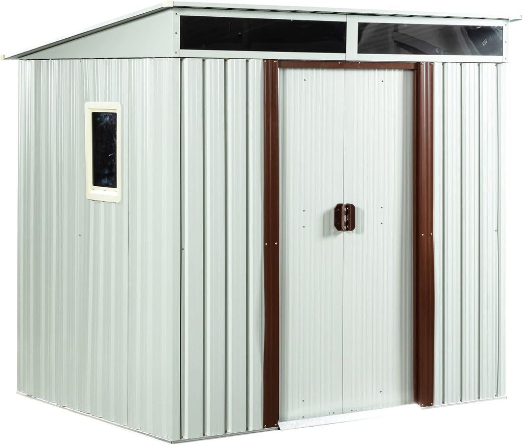 6.4 x 5ft Outdoor Storage Shed,Steel Garden Tool Shed with Floor Frame & Double Lockable Doors,Metal Outdoor Storage Clearance for Backyard Patio Lawn (White-Side Window)