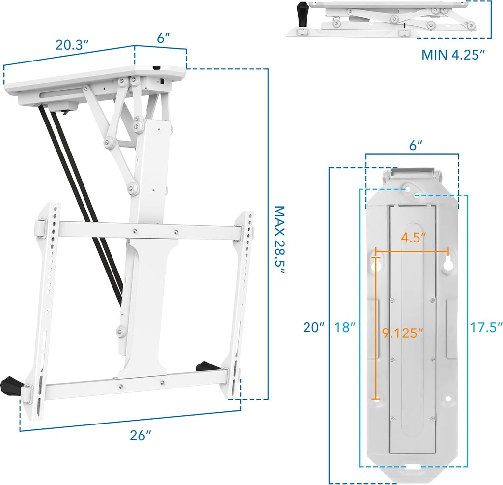 Mount-It! Electric Ceiling TV Mount with Remote and App Controller, Motorized Flip Down Fold Up Pitched Roof Mount Fits 32 to 70 Inch Flat Screen TVs, White
