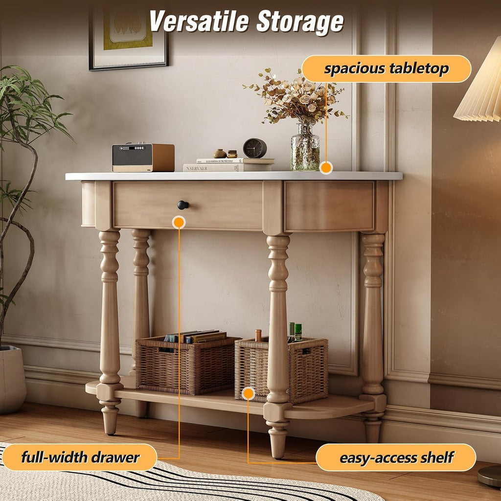 Retro Curved Console Table, 36' Solid Wood Half Moon Console Table Sofa Table Entryway Table with 1 Drawer 1 Open Shelf Roman Legs Curved Corners for Living Room,Entryway,Hallway,White+Beige