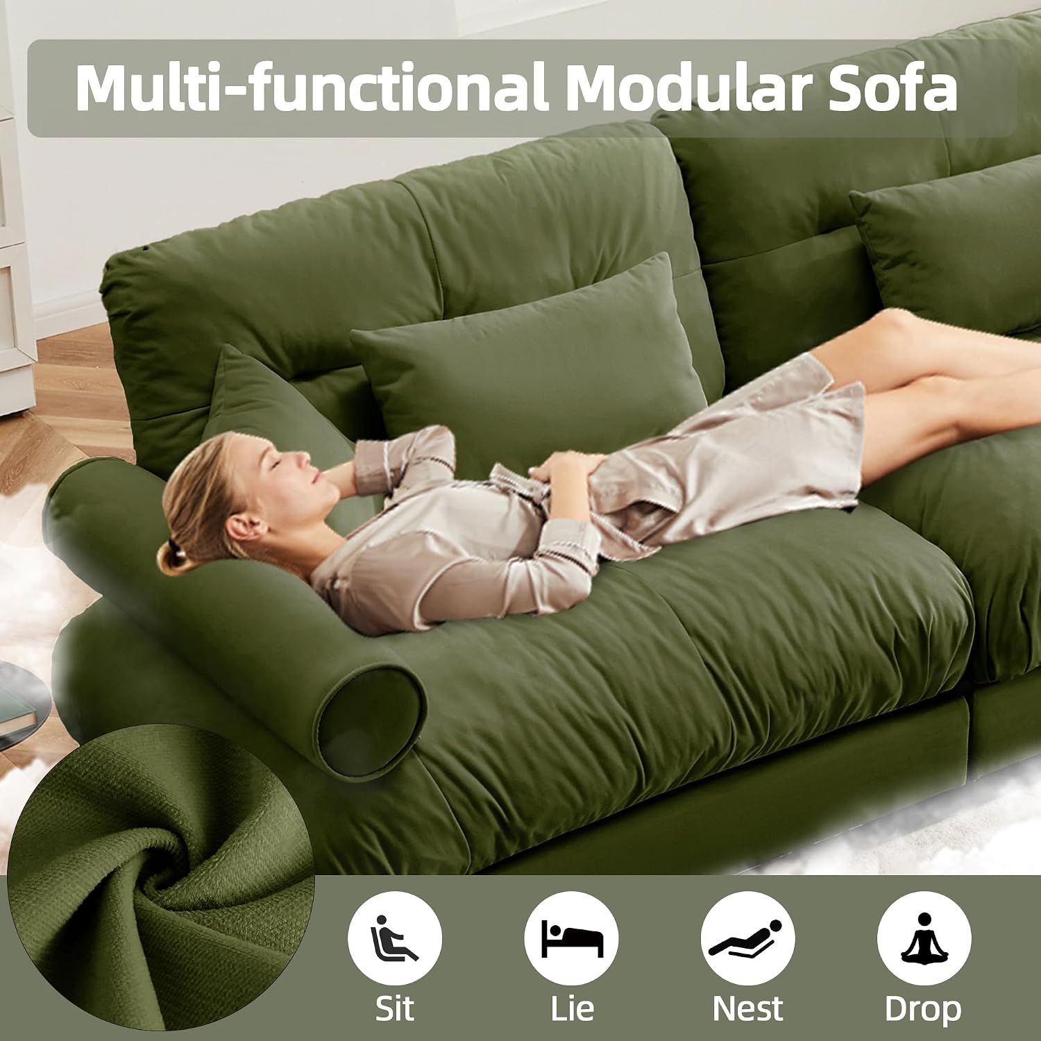 Loveseat Sofa 93.7' Modular Sectional Sofa, 2 Seater Modern Cloud L Shaped Couch, Oversized Sectional Couches for Living Room, Comfy Velvet Sofas Deep Seat Couch with 4 Pillows, Green