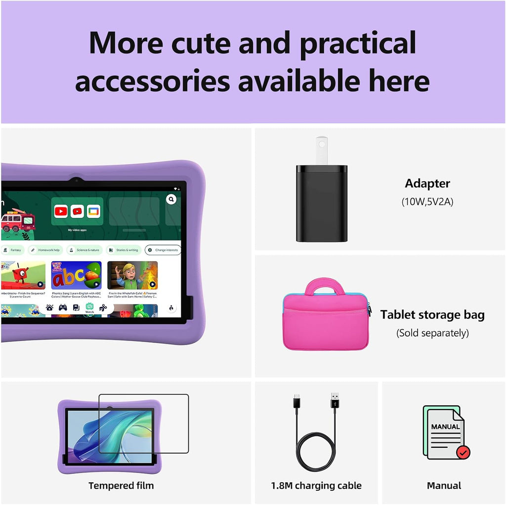 plimpton Kids Tablet 10 Inch - Upgraded Android 15 Tablet for Kids with Case Included, Octa-Core, Google Kids Space, Parental Control, 4GB+64GB, WiFi, BT5.3, YouTube, Great Gift for Toddler (Purple)