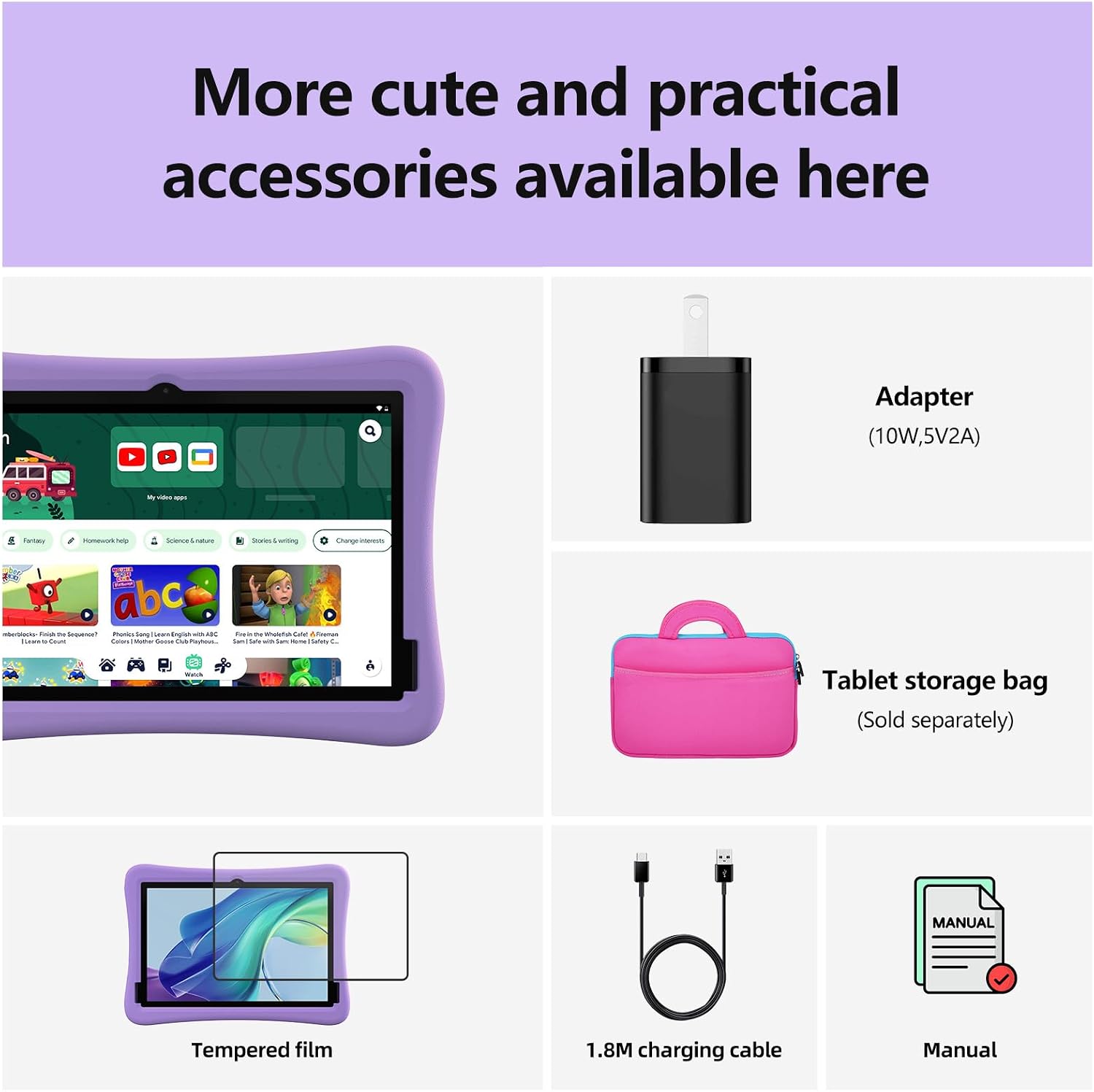 plimpton Kids Tablet 10 Inch - Upgraded Android 15 Tablet for Kids with Case Included, Octa-Core, Google Kids Space, Parental Control, 4GB+64GB, WiFi, BT5.3, YouTube, Great Gift for Toddler (Purple)