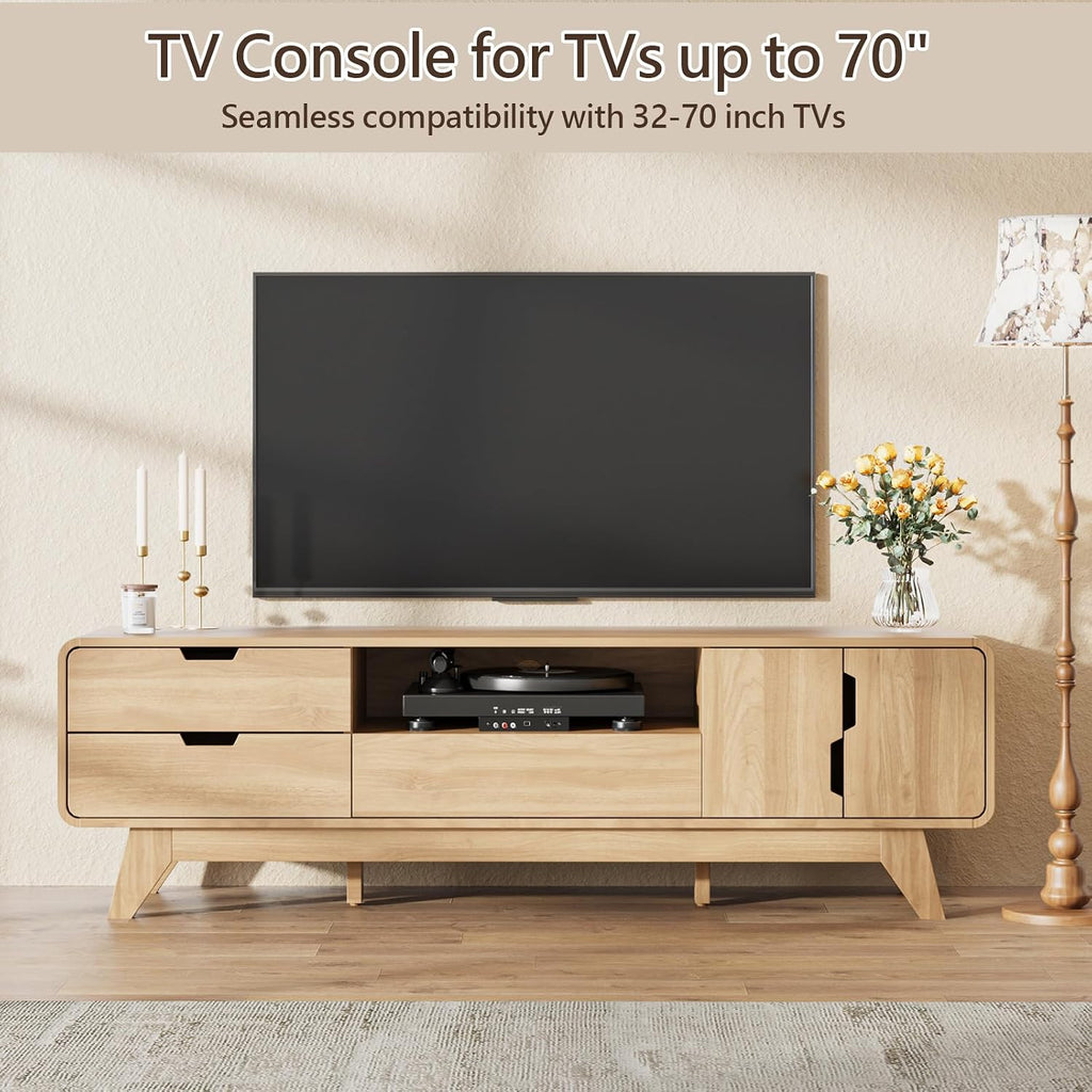 BREEZEHEAT 63' Wood TV Stand, Mid Century Modern TV Stands for TVs up to 70 inch, Entertainment Center with Storage Cabinet and 3 Drawers, Media and TV Console for Living Room, Natural Oak