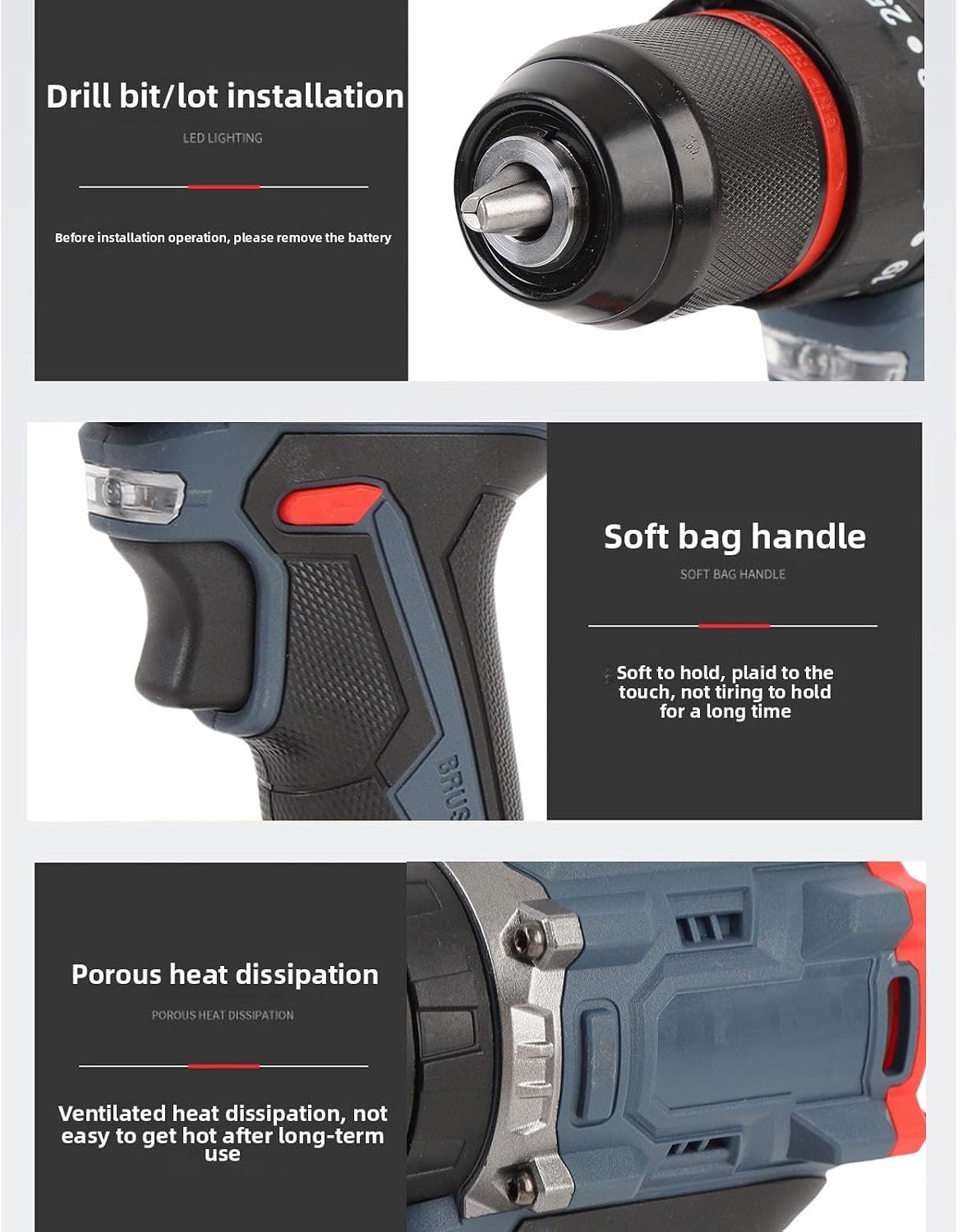 Cordless Drill Tool Set, 20V Brushless Power Drill Li Battery Powered Electric and Set with 25 Torsion Settings 1500RPM LED Light & Battery Indicator for Home (US Plug)