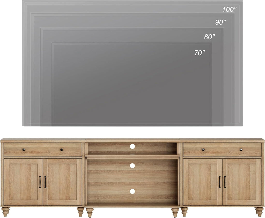 WAMPAT Farmhouse TV Stand for TVs up to 100'', Home Entertainment Center with 8 Storages for 75/80/85/90 inch TV, Large TV Console Table for Living Room, Bedroom, Oak
