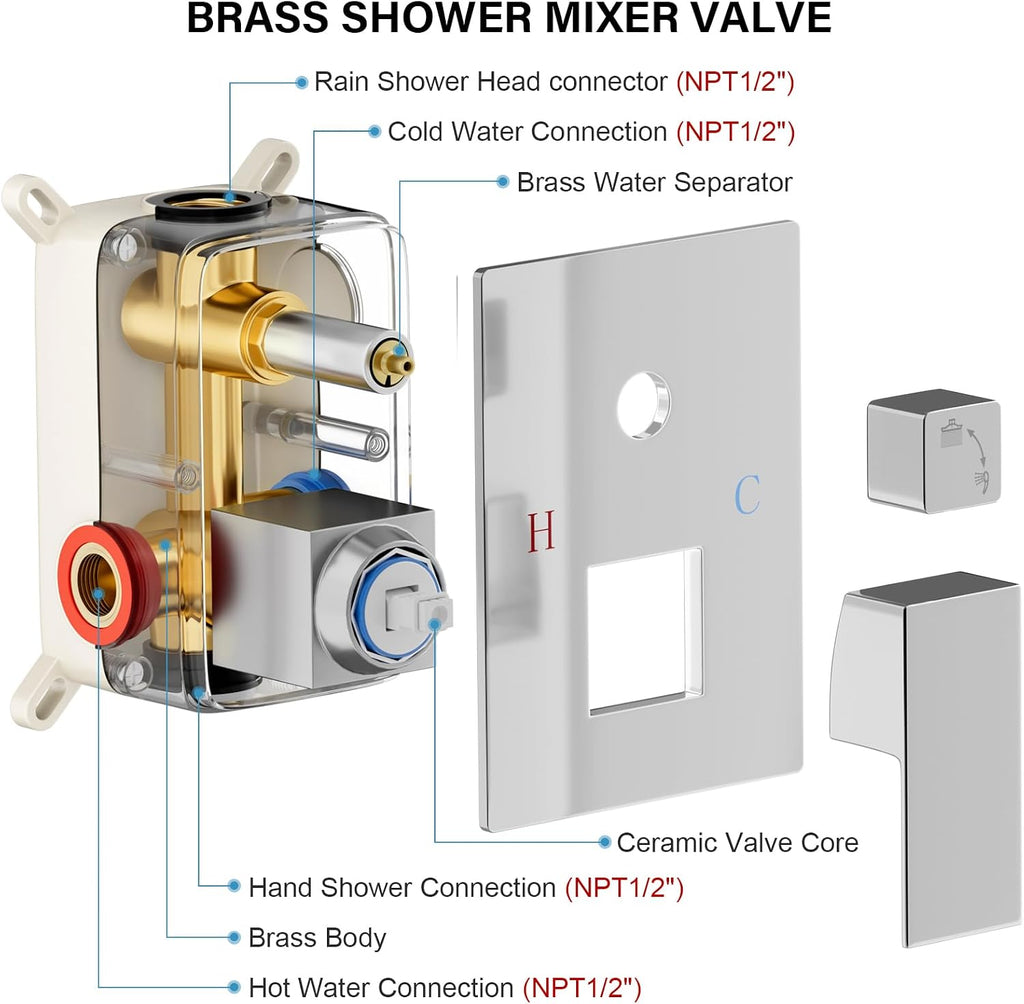 FPXRNG Shower Faucet Set Bathroom Square Rain Shower Head and Handle Set, Wall Mounted Shower Fixtures, Full Metal Trim Repair Kit 12 inch Polished Chrome (With Shower Valve)