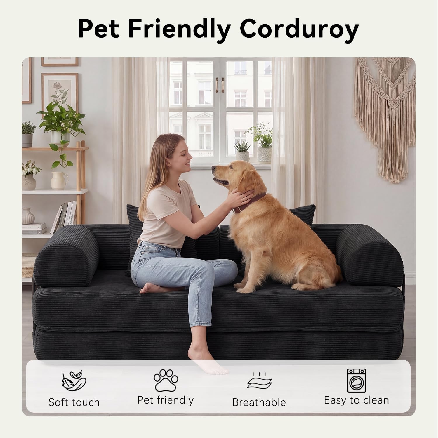 79' Sofa Bed Convertible Boneless Couch Corduroy Modular Couch Bed with Fixed-Shape Frame & Removable Armrests for Living Room, Bedroom (Black)