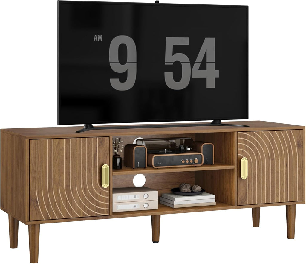Smuxee Walnut TV Stand with Line Groove Design, 47.2' Mid Century Modern TV Media Console for TVs up to 55', TV Cabinet with Adjustable Shelf & 2 Cabinets for Living Room