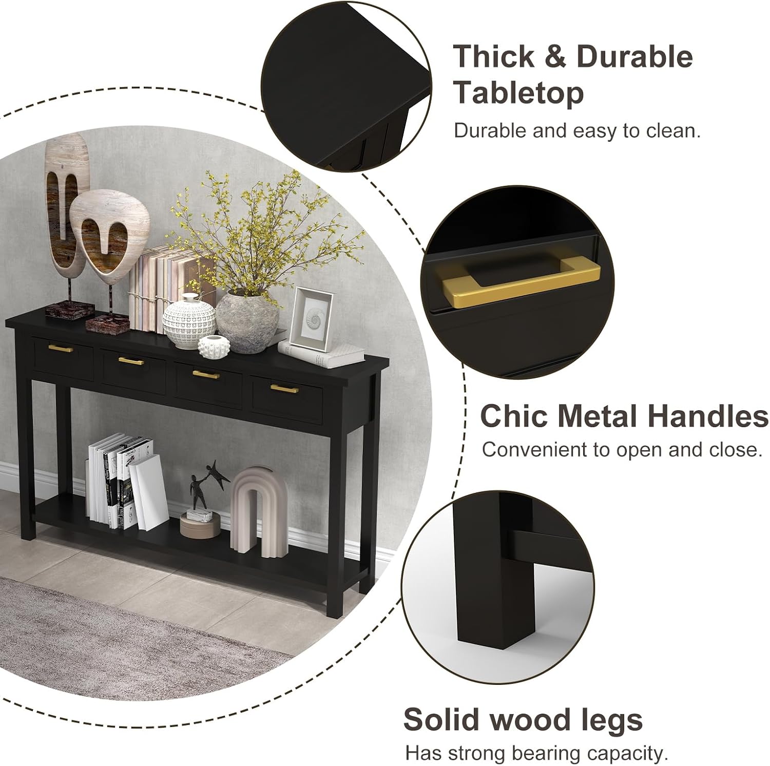 Kinfant Solid Wood Console Table - Entryway Table with 4 Drawers and a Bottom Storage Shelf, 60 Inch Narrow Long Sofa Table for Living Room, Hallway, Front Hall, Couch, Black