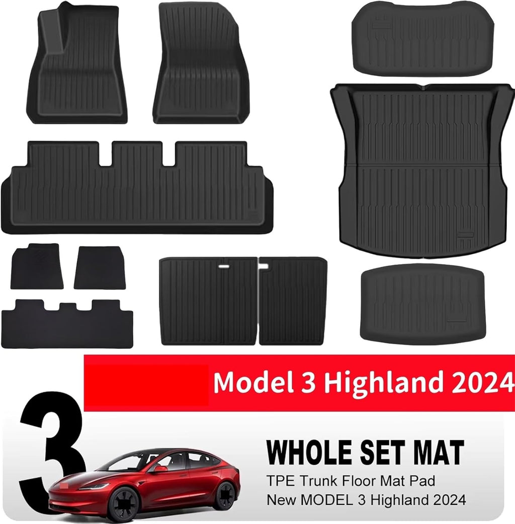 Compatible for Tesla Model 3 2024 Highland Floor Mats Cargo Liner Waterproof Anti-Slip Trunk Mat TPE Pads Model 3 2024 Highland Accessories(3PCS Floor Mats,Left Hand Drive)