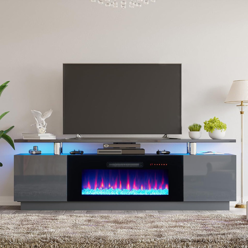 AMERLIFE Fireplace TV Stand with 36' Fireplace, 70' Modern Fireplace Entertainment Center LED Lights, 2 Tier TV Console Cabinet for TVs Up to 80', Grey