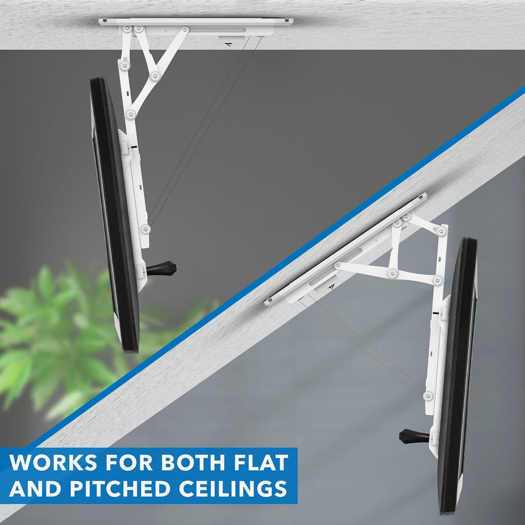 Mount-It! Electric Ceiling TV Mount with Remote and App Controller, Motorized Flip Down Fold Up Pitched Roof Mount Fits 32 to 70 Inch Flat Screen TVs, White