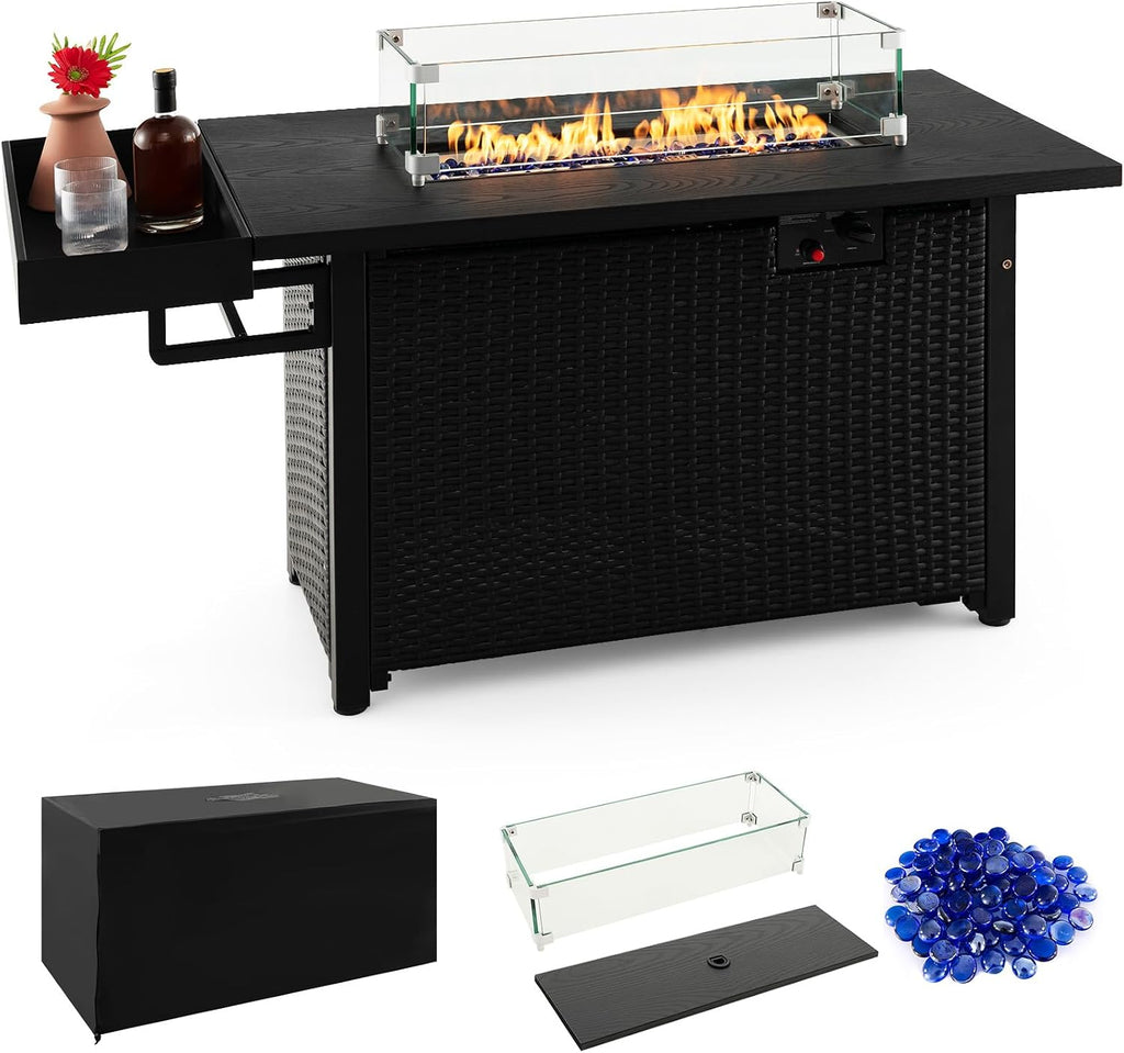 Tangkula Patio Propane Fire Pit Table, 52 Inch Wicker Gas Fire Pit with Wind Guard & Extended Shelf, 50,000 BTU Heat Output, Rectangular Fire Table with Blue Fire Stone & Waterproof Cover (Black)