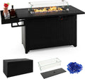 Tangkula Patio Propane Fire Pit Table, 52 Inch Wicker Gas Fire Pit with Wind Guard & Extended Shelf, 50,000 BTU Heat Output, Rectangular Fire Table with Blue Fire Stone & Waterproof Cover (Black)