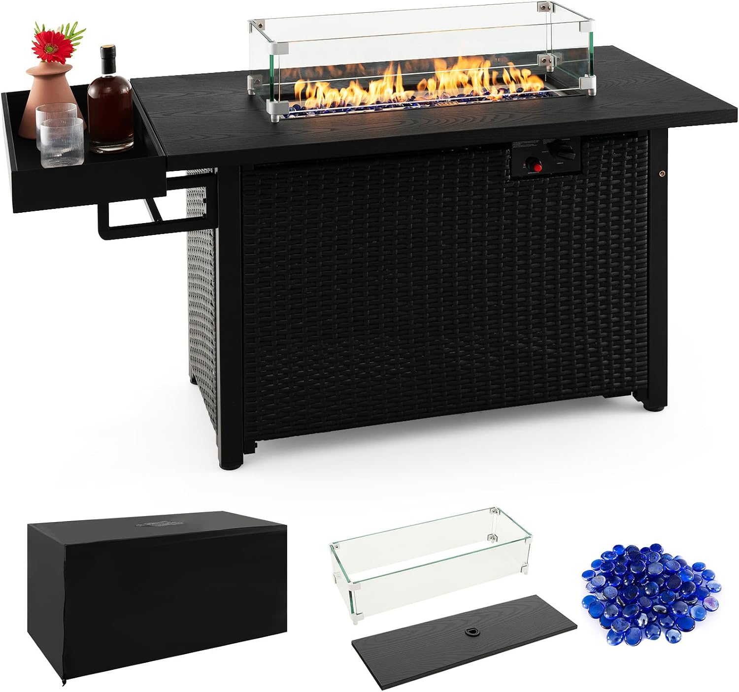 Tangkula Patio Propane Fire Pit Table, 52 Inch Wicker Gas Fire Pit with Wind Guard & Extended Shelf, 50,000 BTU Heat Output, Rectangular Fire Table with Blue Fire Stone & Waterproof Cover (Black)