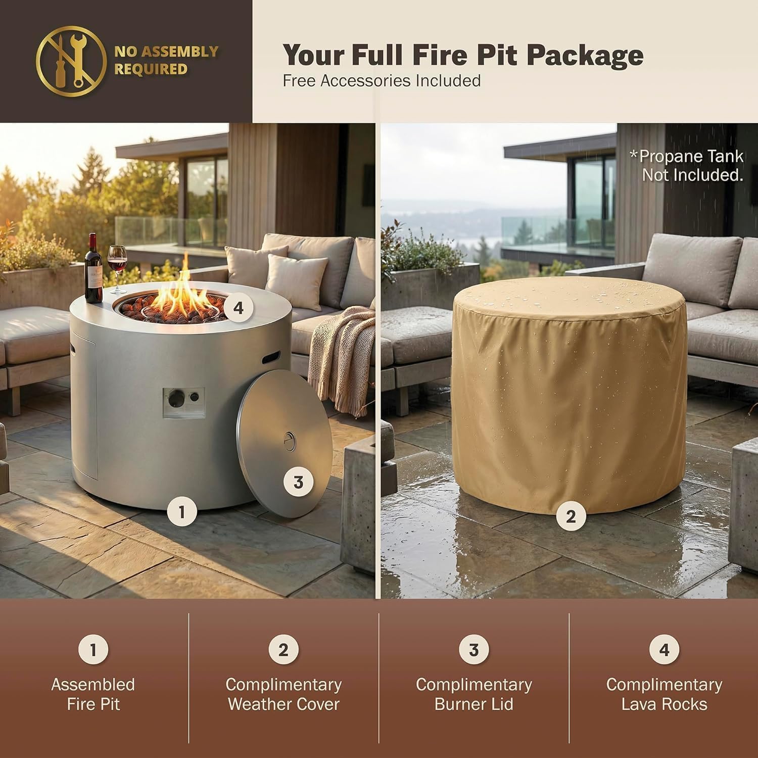 32' Smokeless Propane Fire Pit Table with Lid, Alloy Steel Round Outdoor Patio Dining Firepit 50,000 BTUs, Lava Rocks, Weatherproof Cover, CSA Safety Certified, for Wooden Deck, Backyard Pool, Grey