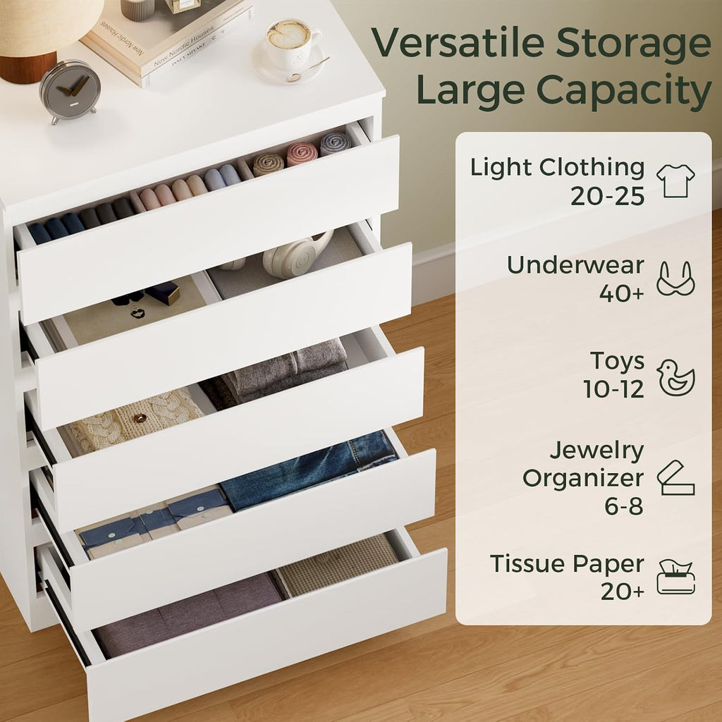 OtterOasis White Wood Dresser for Bedroom, 5 Drawer for Clothes Storage, Modern Dresser with Wide Drawers, Wide Wooden Chest Drawers for Living Room, Entryway, TV Stand