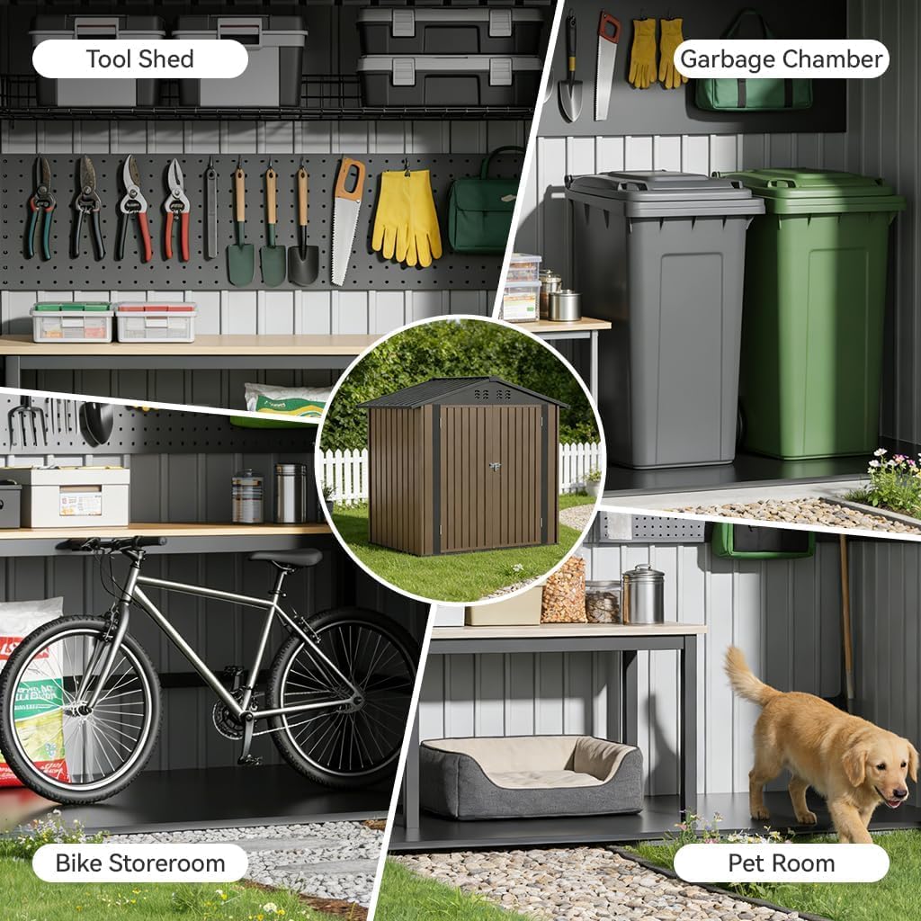 COMHOMA 6'x4' Shed Outdoor Storage Metal, Weatherproof Garden Utility Tool House with Lockable Doors & Adjustable Shelving, Ventilated Backyard Workshop,Brown