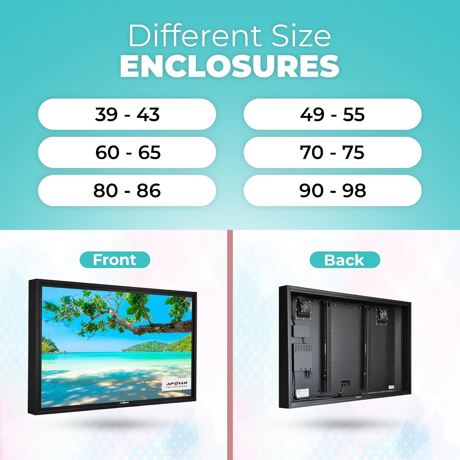 Apollo Enclosures 43 Inch Outdoor TV Enclosure Weatherproof for 39–43 Inch TVs - Direct Sun Outdoor TV Protector with Anti-Glare Safety Glass - Front-Cover Airflow for Direct Sun Protection