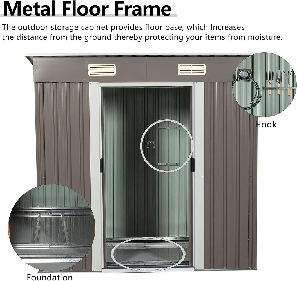 6.4 x 4ft Outdoor Metal Storage Shed，with Lockable Doors, Floor Frame, Sun Protection, Waterproof Tool Storage Shed for Patio, Lawn,Backyard (Gray-6.4 x 4ft)