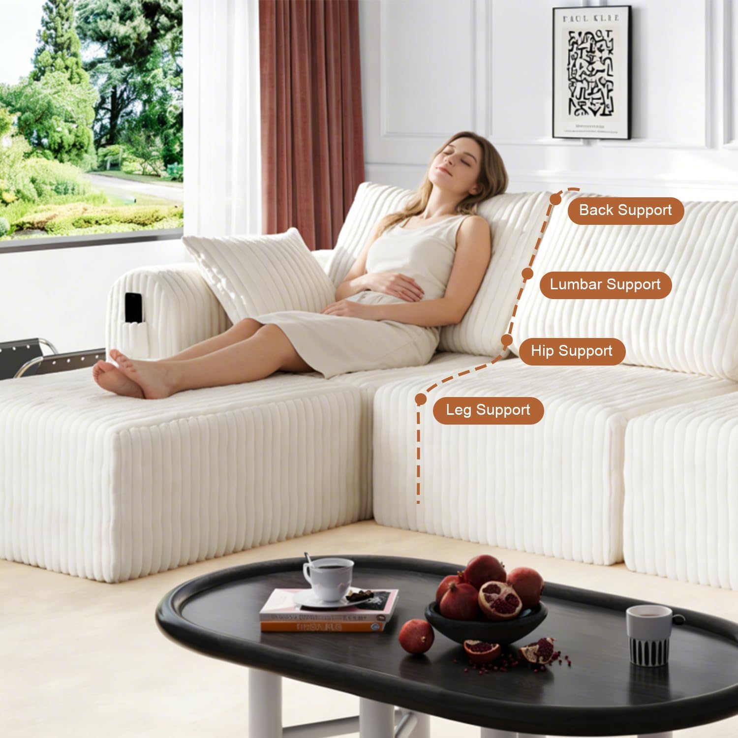 Modular Sectional Sofa, Boneless Couches for Living Room, L-Shape Sofa Couches,Cloud Couch Sectional, Comfy Corduroy Sofa, with Deep Seat, No Assembly Required (Beige, 4 Seater + 2 Ottoman)