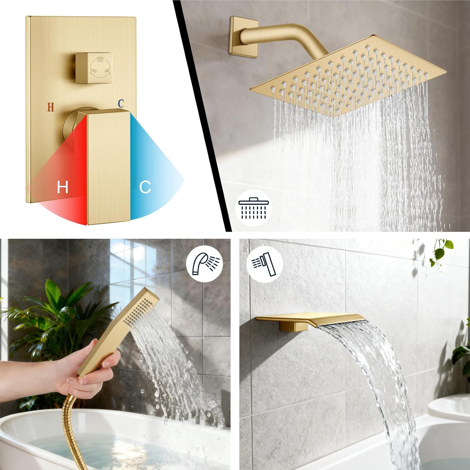 Midanya Shower System with Tub Spout,Bathtub Shower Faucet Set with Square Rainfall Head and Handheld Sprayer Wall Mount Tub Faucet Set with Valve and Trim Kit,8 Inch Brushed Gold
