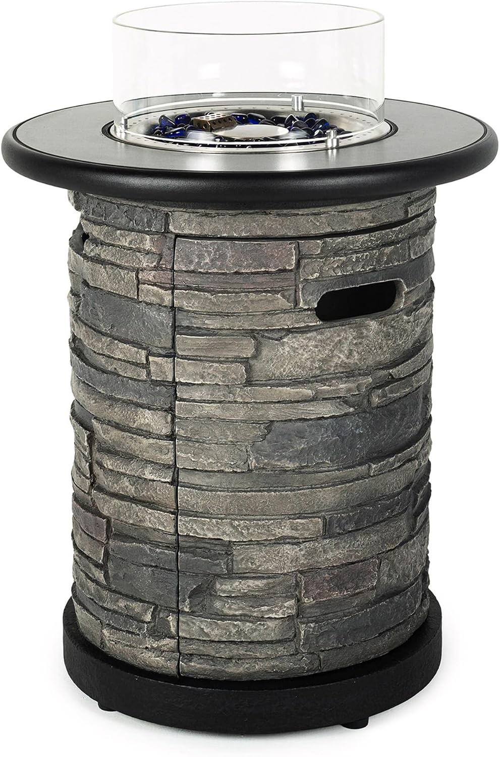 BAIDE HOME Outdoor Propane Fire Pit Table, Round Porcelain Tile Top 22' Fire Bowl Column W/ 40,000 BTU Firepit Table Auto-Ignition 400D Cover Glass Rocks for Outside Patio