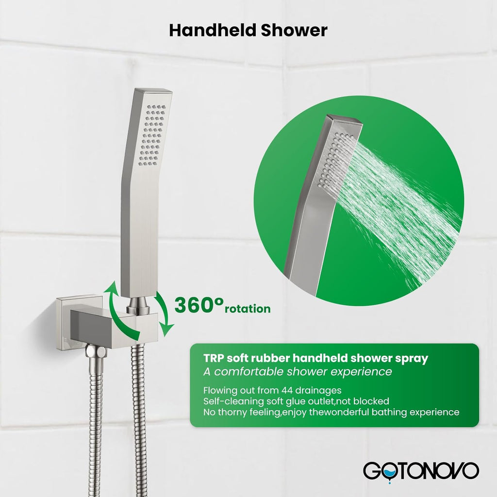gotonovo Rainfall Bathroom Shower System Rain Shower Head and Handle Set Wall Mounted Shower Complete Combo Solid Brass Pressure Balancing Shower Mixer Valve 10 Inch Brushed Nickel
