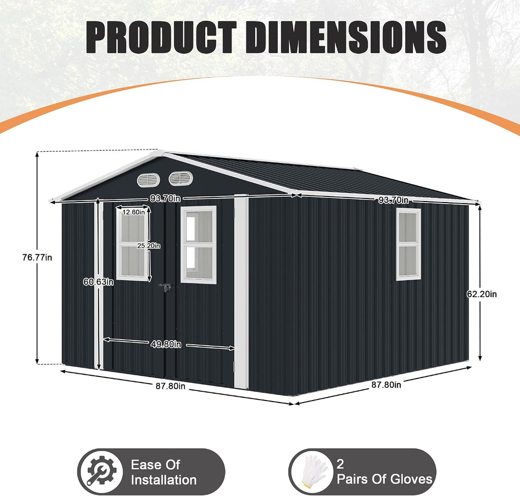 Metal Outdoor Storage Shed, 8x8 ft with Lockable Doors, Four Daylight Windows, Screened Vents, 120 sq ft Storage Space, Outdoor Garden Room ，Outdoor Pet Room (Dark Gray 8x8FT)