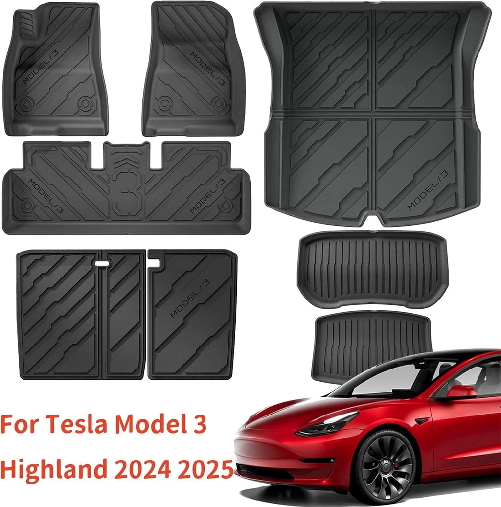 for Tesla Model 3 Highland 2024 2025+ TPE Floor Mats & Cargo Liner, 3D Cyber Style Waterproof Anti-Slip Trunk Mat Backrest(1PC Trunk Mat)