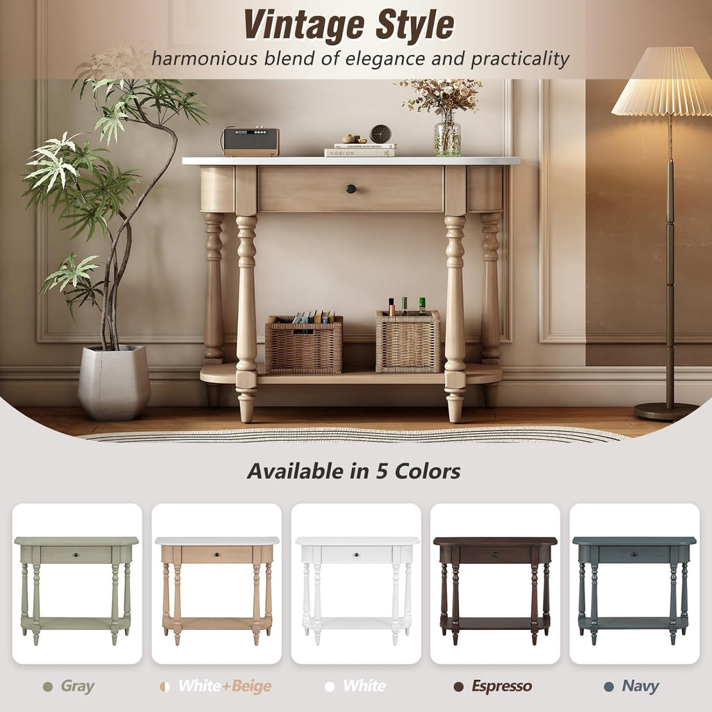 Retro Curved Console Table, 36' Solid Wood Half Moon Console Table Sofa Table Entryway Table with 1 Drawer 1 Open Shelf Roman Legs Curved Corners for Living Room,Entryway,Hallway,White+Beige
