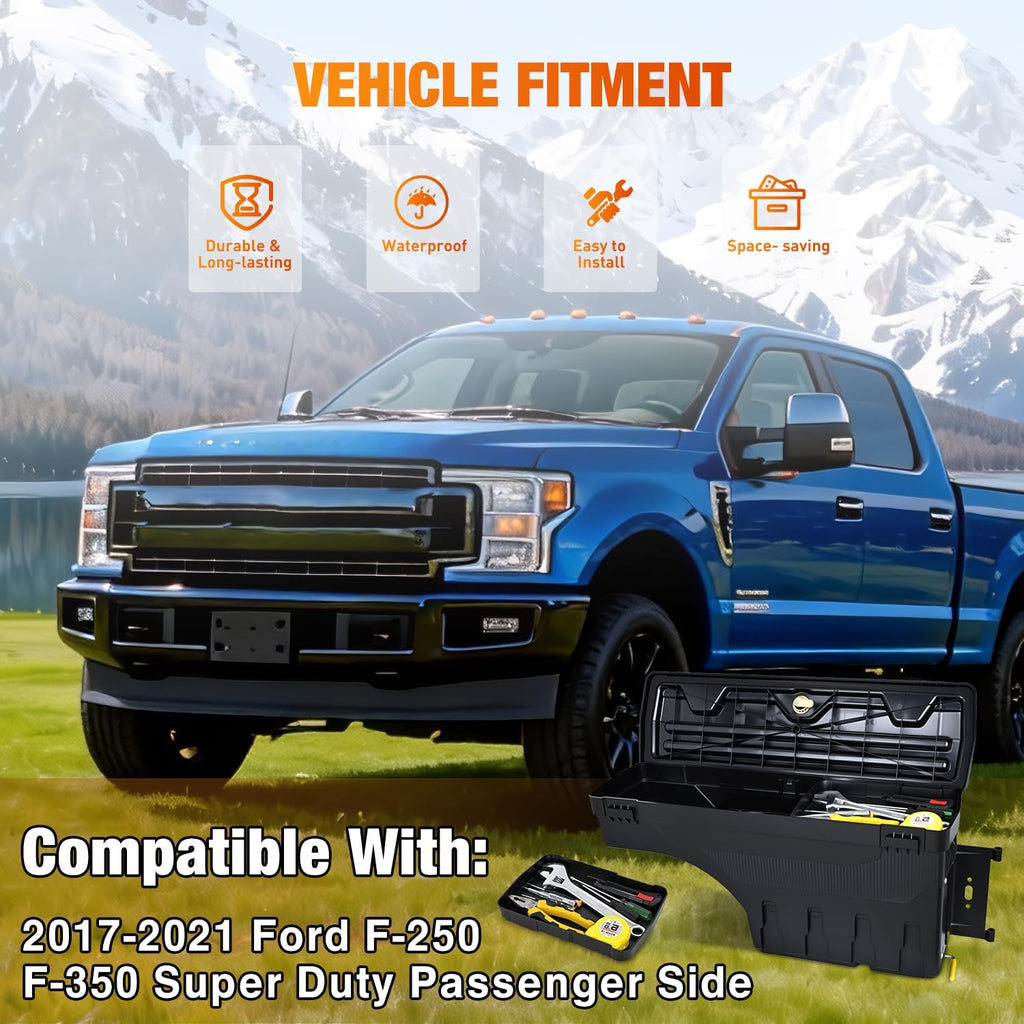 Nilight Truck Bed Tool Box Right Passenger Side Truck Tool Box Fit for Ford F-250/350 Super Duty 2017-2021 ABS Swing Case Truck Bed Storage Box with Lockable Lid Waterproof Wheel Well Toolbox Black