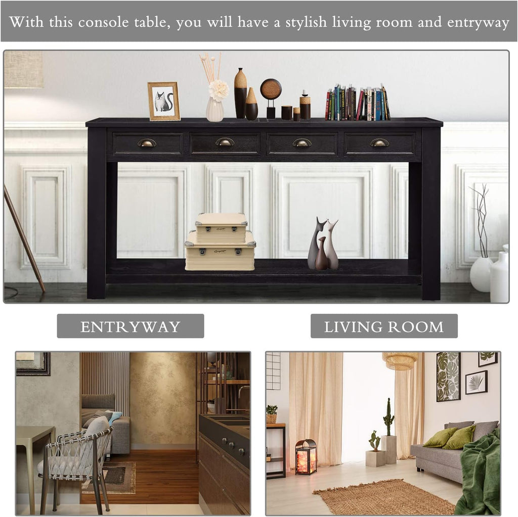 Kinfant Console Table for Entryway - 60' Long Rustic Sofa Table with 4 Drawers and Storage Shelf, Black