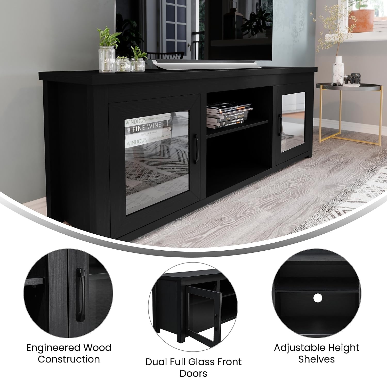Flash Furniture Sheffield Classic Stand for up to 80' TVs-Modern Finish with Full Glass Doors-65 Engineered Wood Frame-3 Shelves, 65', Black