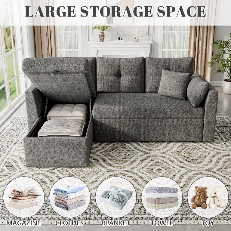 Huatean Home Sleeper Sofa Couch, 2 in 1 Sectional Sleeper Couch Bed with Side Pocket, Pullout Sofa Bed with Storage Chaise for Living Room, Dark Grey
