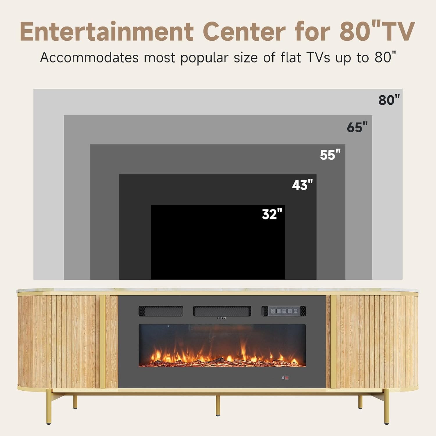 Luxury 70' Fluted TV Stand with Fireplace, Modern Chic Entertainment Center for TVs Up to 80', TV Console for Living Room, Media Cabinet with Storage,70 Inch, Natural