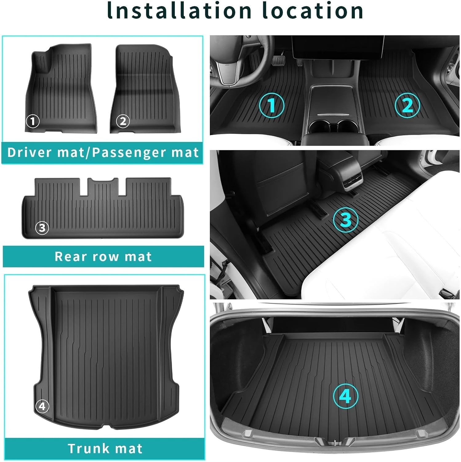 for Tesla Model 3 2021 2022 2023 Car Floor Mats Cargo Liner Trunk Pad 3D TPE Waterproof Protective Black(M3 LHD 3PCS)