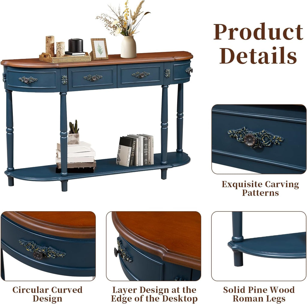 Retro Curved Console Table, 52' Half Moon Sofa Entryway With 2 Drawers 1 Open Shelf, Solid Pine Legs for Living Room, Hallway, Navy Blue