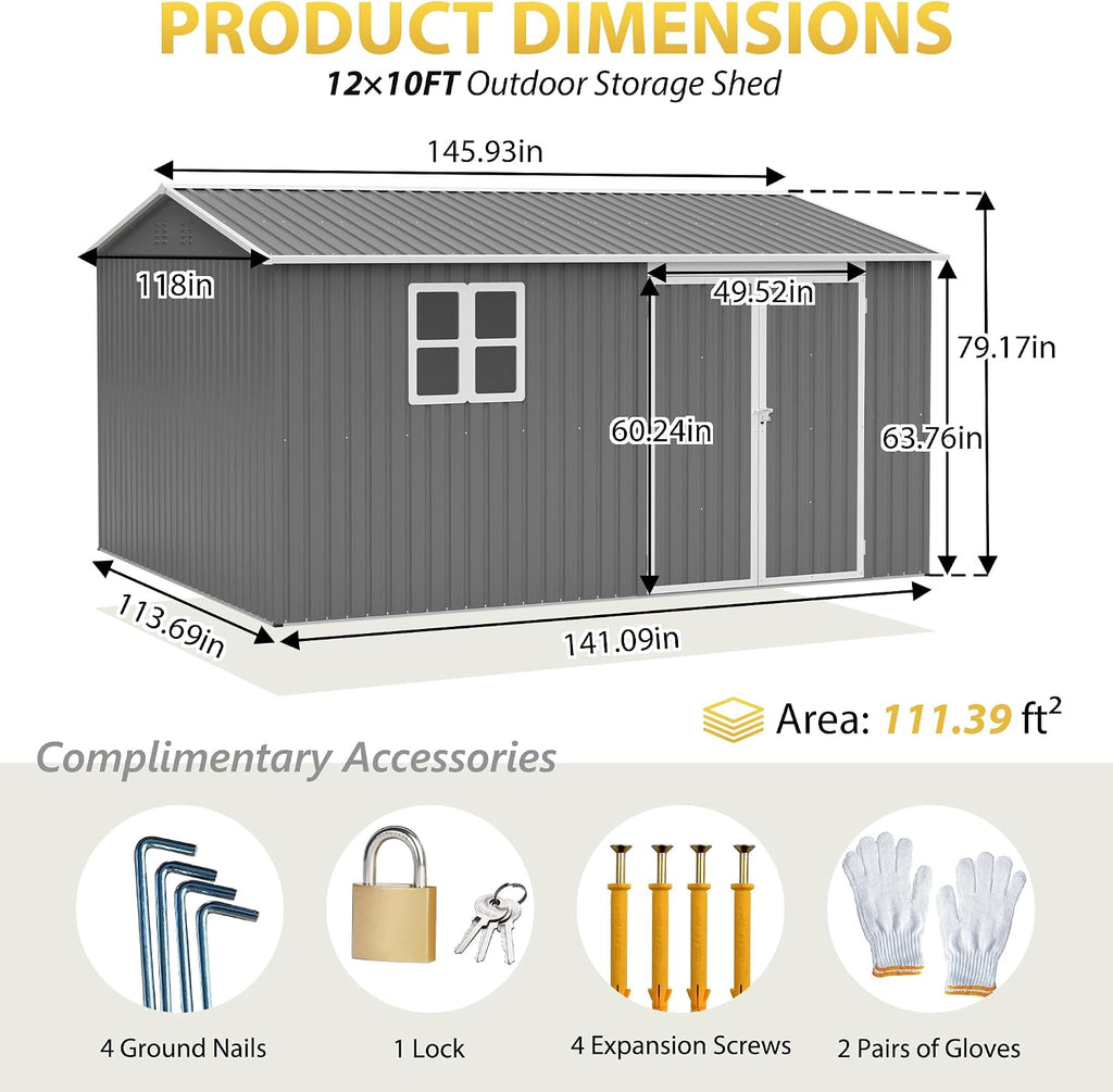 12x10 FT Metal Outdoor Storage Shed, Large Waterproof Garden Tool Shed with Lockable Doors, Steel Utility Shed for Backyard, Patio, Lawn & Garden, Grey