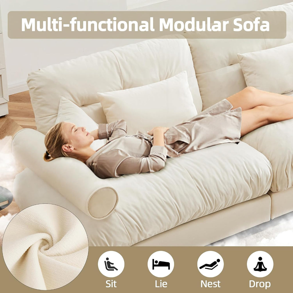93.7' Loveseat Sofa Modular Sectional Sofa, 2 Seater Modern Cloud L Shaped Couch, Oversized Sectional Couches for Living Room, Comfy Velvet Sofas Deep Seat Couch with 4 Pillows, Cream