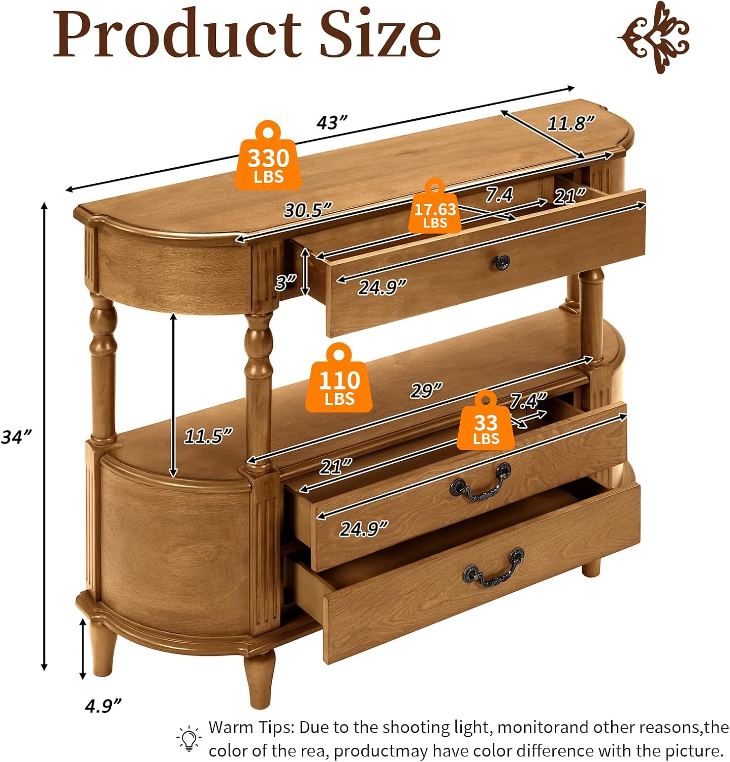 Retro Curved Console Table, 43' Solid Wood Half Moon Console Table Entryway Table Sofa Table with Open Shelf Curved Corners 3 Drawers Pine Roman Legs for Living Room,Hallway,Entryway,Brown