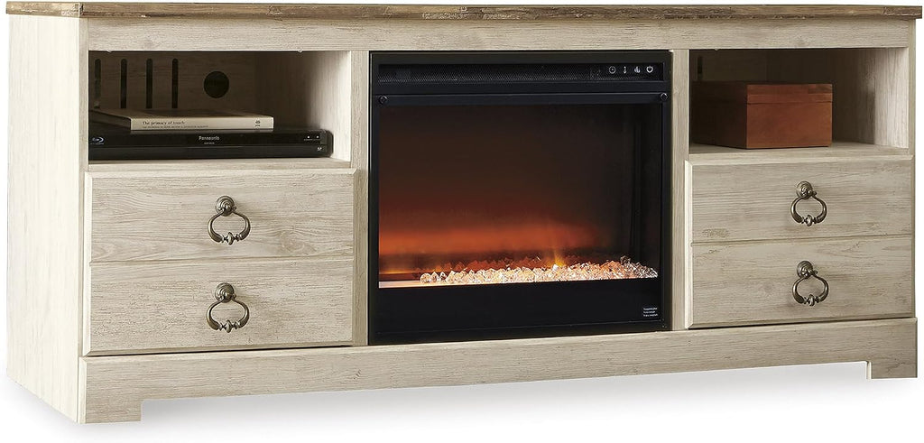 Signature Design by Ashley Willowton Cottage 64' TV Stand with Electric Fireplace for TVs up to 72', Whitewash