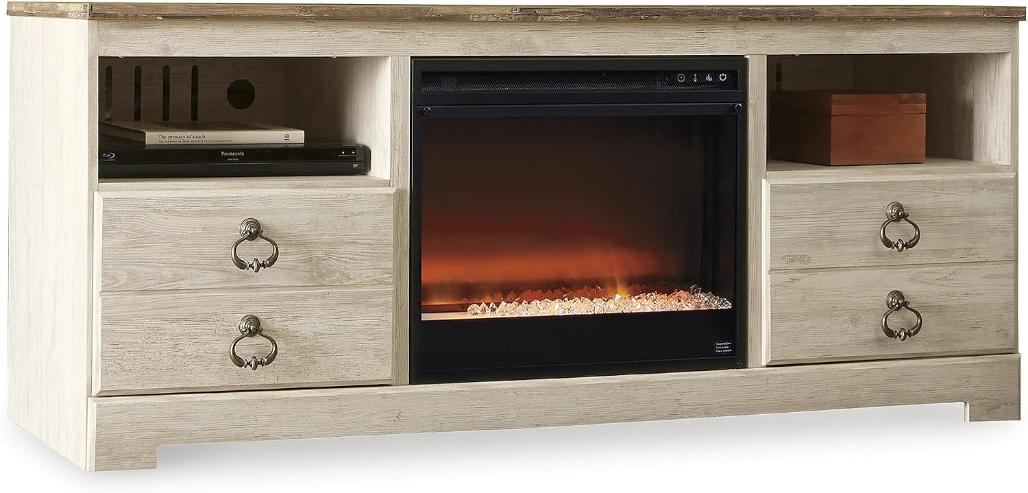 Signature Design by Ashley Willowton Cottage 64' TV Stand with Electric Fireplace for TVs up to 72', Whitewash