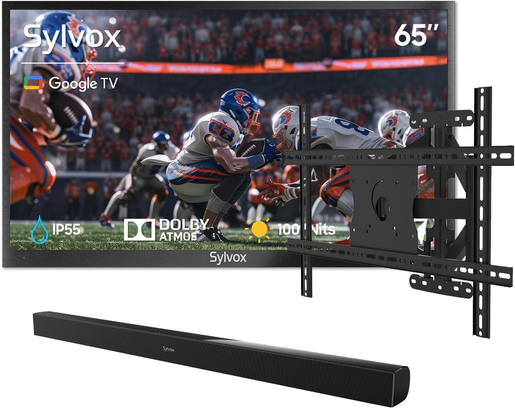 SYLVOX 65' Outdoor TV Bundle with Wall Mount & S2 Soundbar, 4K HDR Waterproof Smart TV (Deck Pro 3.0), 1000 Nits, Voice Remote, for Patio & Backyard