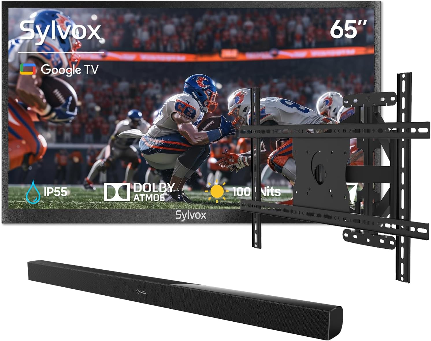 SYLVOX 65' Outdoor TV Bundle with Wall Mount & S2 Soundbar, 4K HDR Waterproof Smart TV (Deck Pro 3.0), 1000 Nits, Voice Remote, for Patio & Backyard
