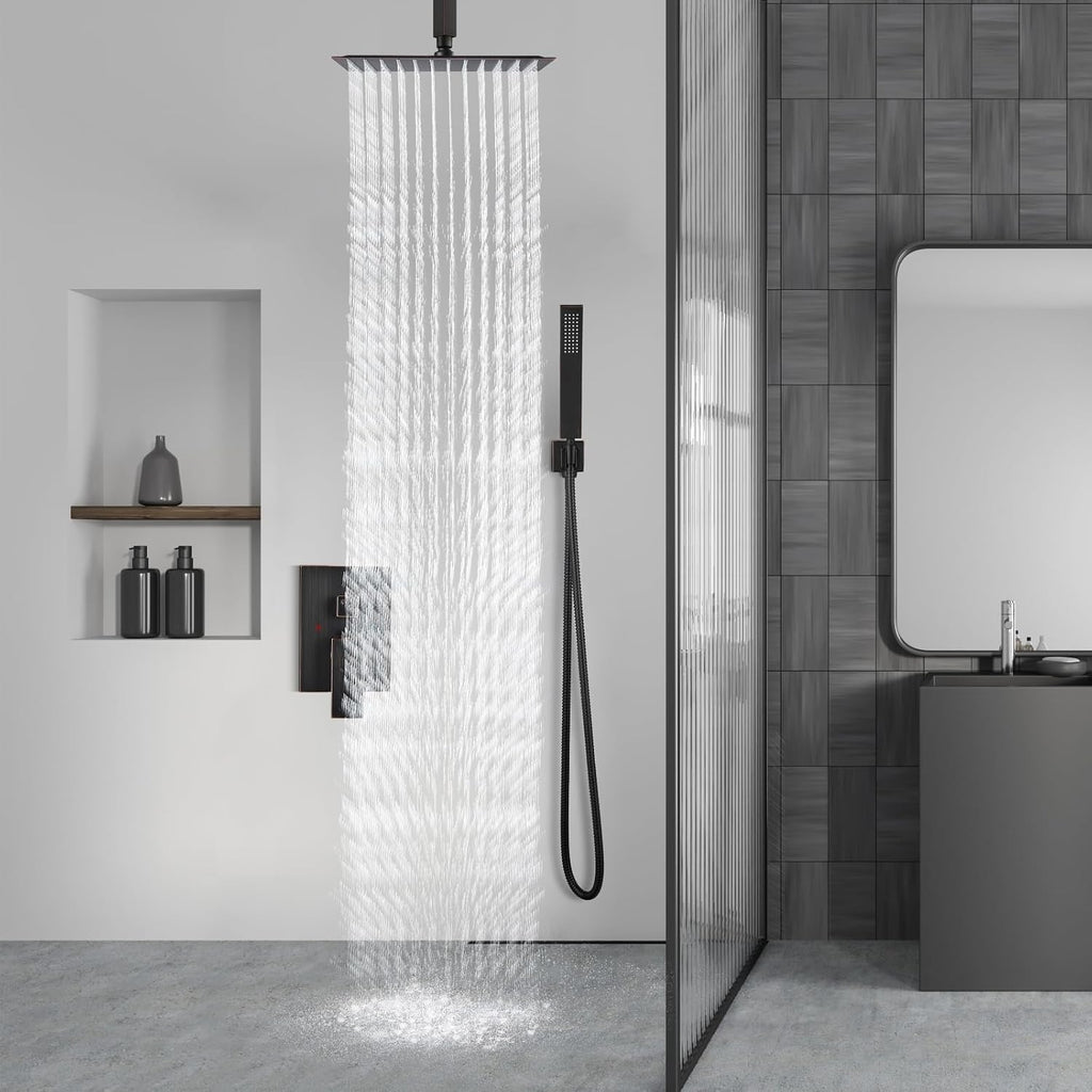 Aolemi Ceiling Mount Shower System Rain Shower Head with Handheld Spray High Pressure Shower Faucet Set Rough-in Valve Shower Trim Kit Included Bathroom Oil Rubbed Bronze 10 Inch Ceiling Shower Head