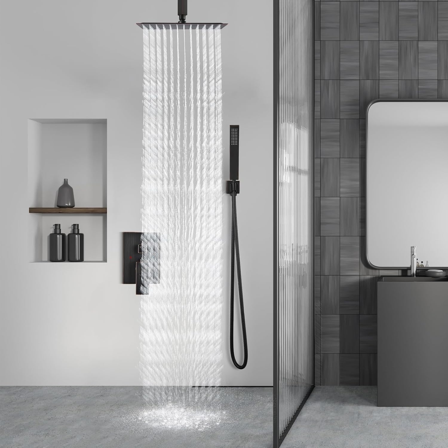 Aolemi Ceiling Mount Shower System Rain Shower Head with Handheld Spray High Pressure Shower Faucet Set Rough-in Valve Shower Trim Kit Included Bathroom Oil Rubbed Bronze 10 Inch Ceiling Shower Head